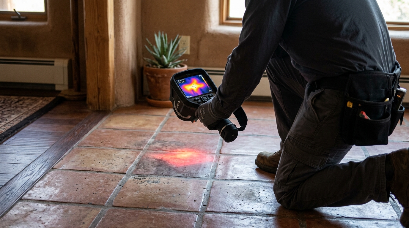 Thermal imaging detecting warm spot on floor Merced residential foundation