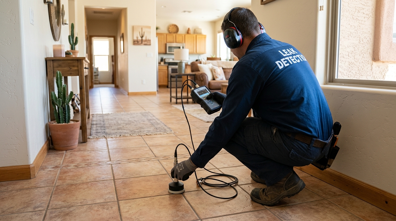 Plumbing technician utilizing electronic acoustic listening equipment to locate an under slab leak in a Merced home